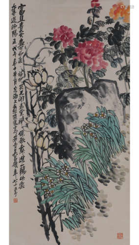 A Chinese Flowers And Stone Painting Scroll, Wu Changshuo Ma...