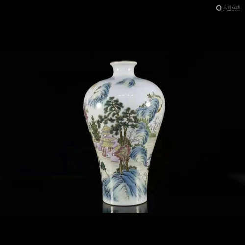 A Famille Rose Pavilion Landscape Meiping Vase