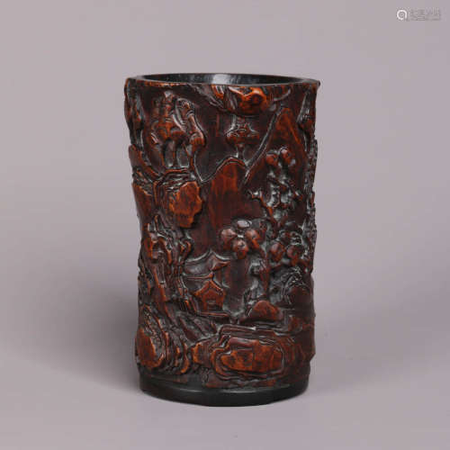 A Carved Boxwood Figure Brush Pot