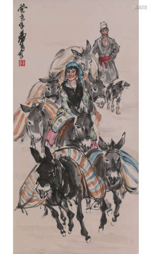 A Chinese Figures Painting Scroll, Huang Zhou Mark