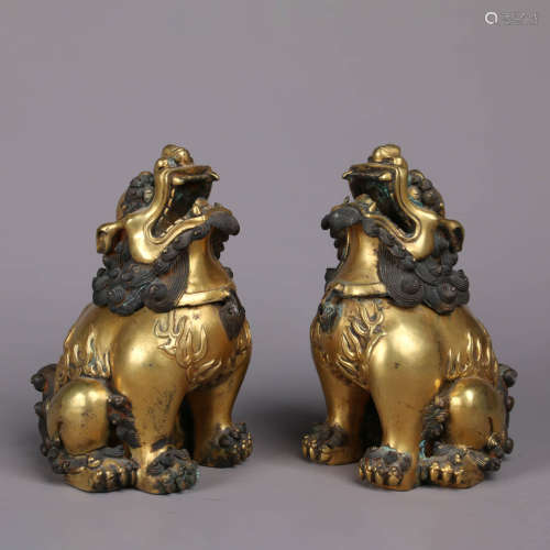 A Pair Of Gilt-Bronze Lions Incense Burner