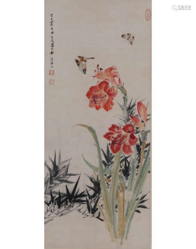 A Chinese Butterfly And Flowers Painting Scroll, Tian Shigua...