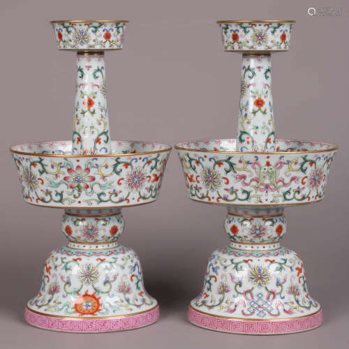 A Pair Of Famille Rose Floral Candlesticks