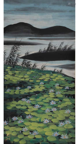 A Chinese Lotus Pond Painting Scroll, Lin Fengmian Mark