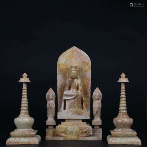 A Pair Of Jade Buddhas With Halo And Buddhist Stupa