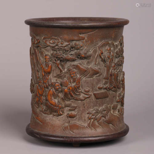 A Carved Bamboo Figures Brush Pot
