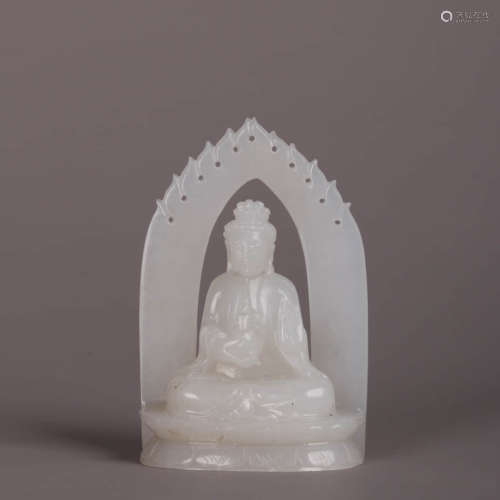 A Carved White Jade Statue Of Buddha With Halo