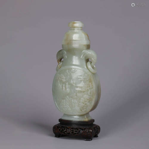 A Carved Jade Figure And Landscape Double-Eared Vase And Sta...