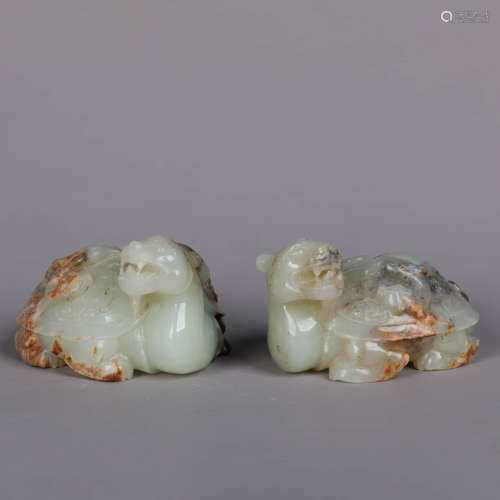 A Pair Of Celadon-Jades Carving Of Beast Turtle