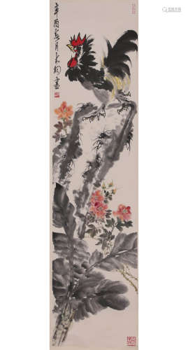 A Chinese Roost And Flowers Painting Scroll, Chen Dayu Mark