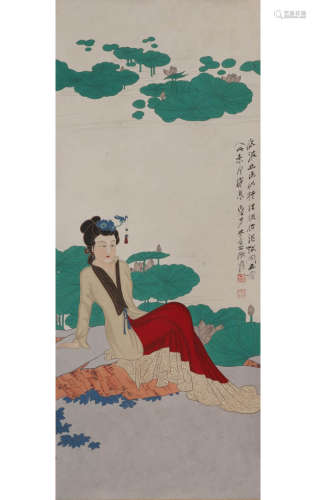 A Chinese Lotus And Lady Painting Scroll, Zhang Daqian Mark