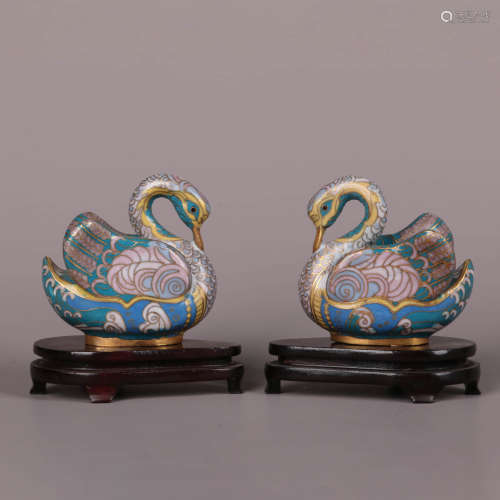 A Pair Of Enameled Cloisonne Swan Ornaments