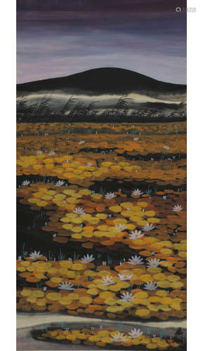 A Chinese Lotus Pond Night Painting Scroll, Lin Fengmian Mar...