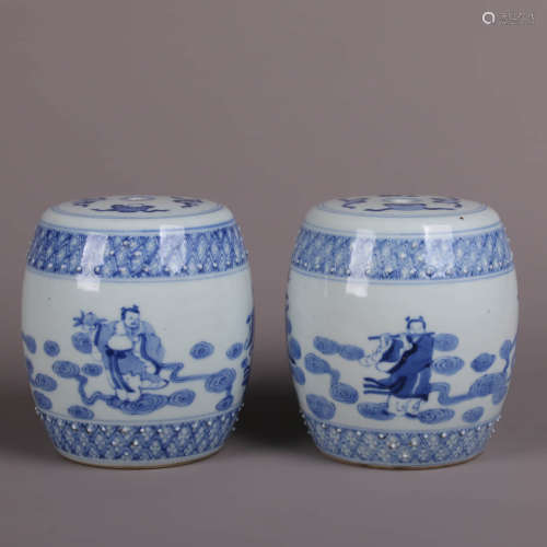 A Pair Of Blue And White Figure Garden Stools