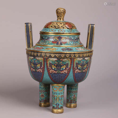 An Enameled Cloisonne Double-Eared Tripod Censer