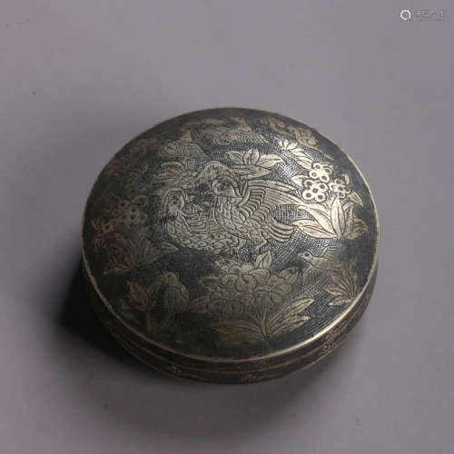 A Silver Inlaying Bronze Phoenix Circular Box And Cover
