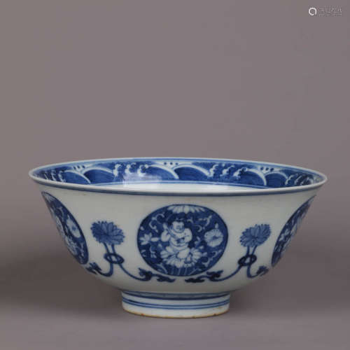 A Blue And White Figure And Seawater Bowl