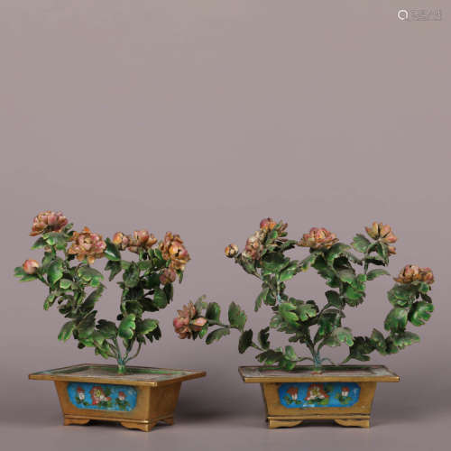 A Pair Of Chinese Gems Inlaid Flowers Cloisonne Bonsais
