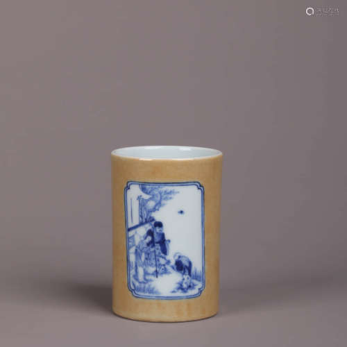A Brown-Glazed Blue And White Figure Cylindrical Brush Pot