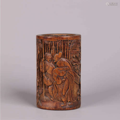 A Carved Bamboo Inscribed Figure Brush Pot
