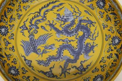 Large Chinese blue on yellow porcelain charger