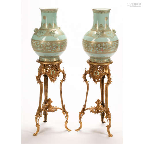 Pair of Chinese Gold Painted Celadon Porcelain Vases on Dore...