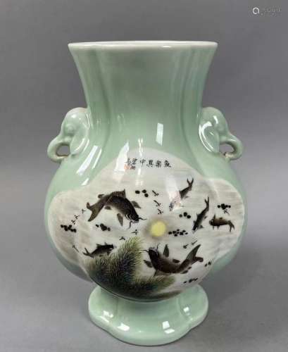 Chinese green glazed porcelain vase with fishes painting