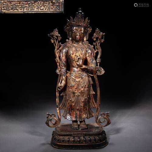 CHINESE QING DYNASTY BRONZE LACQUERED GOLDEN BUDDHA STATUE