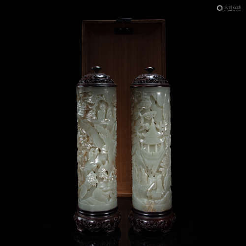 A PAIR OF HETIAN JADE INCENSE TUBES, QING DYNASTY, CHINA