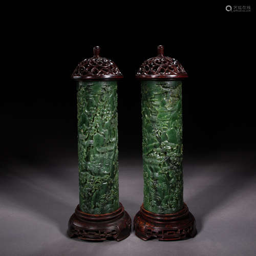 A PAIR OF HETIAN BIYU INCENSE TUBES, QING DYNASTY, CHINA