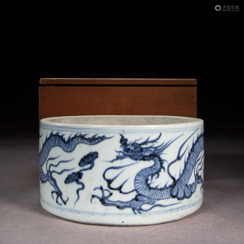 BLUE AND WHITE PORCELAIN DRAGON PATTERN INKSTONE, YUAN DYNAS...