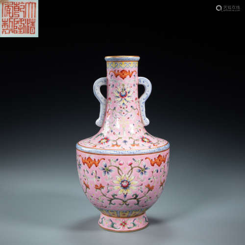 CHINESE FAMILLE ROSE BOTTLE WITH DOUBLE EARS, QING DYNASTY