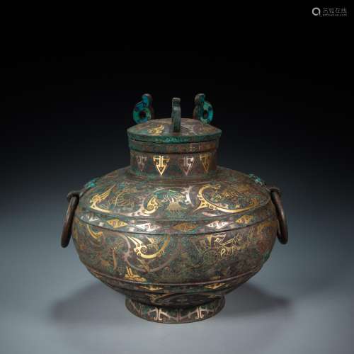 CHINESE BRONZE INLAID WITH GOLD AND SILVER FLAGON, HAN DYNAS...