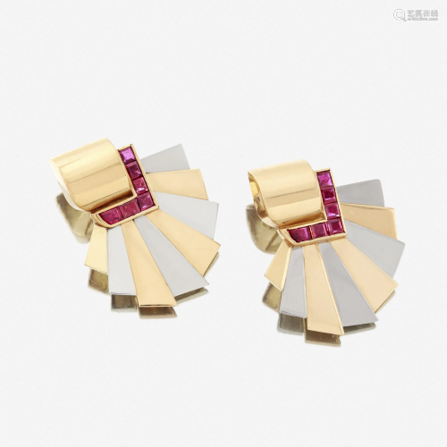 A pair of Retro eighteen karat bicolor gold and ruby