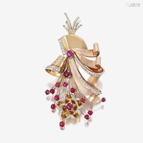 A Retro fourteen karat bicolor gold, ruby, and diamond