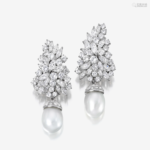 A pair of diamond, South Sea cultured pearl, and