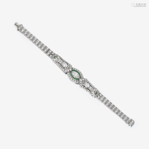 An Art Deco diamond, emerald, and platinum bracelet