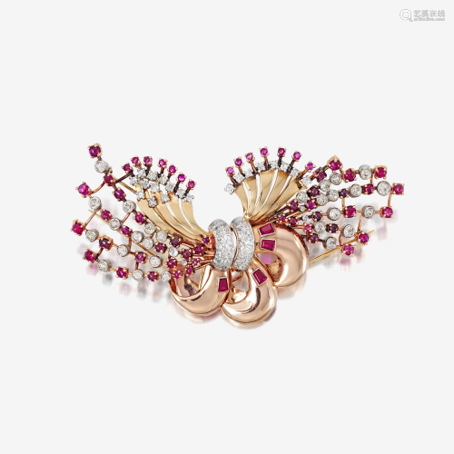 A Retro fourteen karat bicolor gold, diamond, and ruby