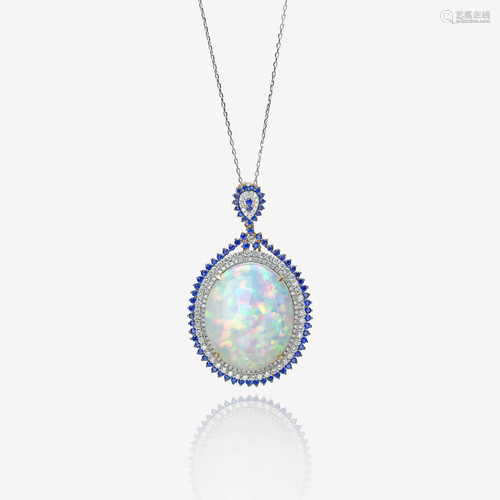 An opal, diamond, sapphire, and fourteen karat gold