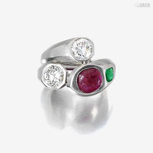 A diamond, ruby, emerald, and platinum ring