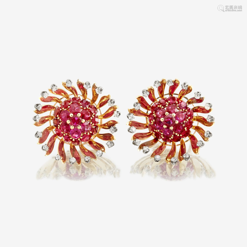 A pair of eighteen karat gold, ruby, and diamond