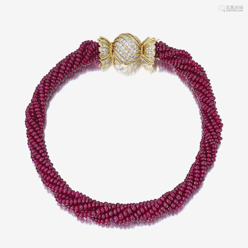 A ruby bead, diamond, and eighteen karat gold necklace,