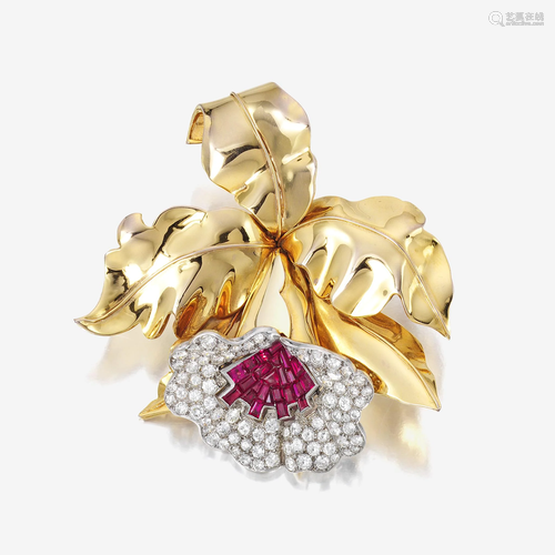 A Retro diamond, ruby, and eighteen karat gold clip