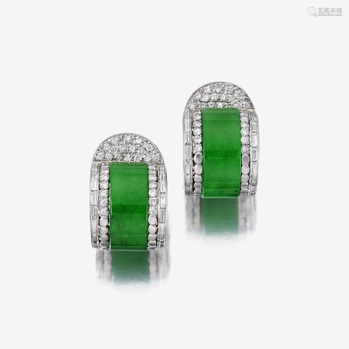 A pair of jadeite jade and diamond earrings