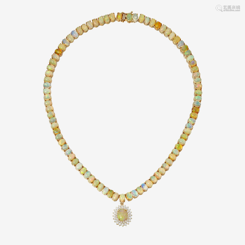 An opal, diamond, and fourteen karat gold necklace