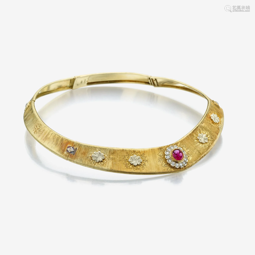 An eighteen karat gold, ruby, and diamond necklace,