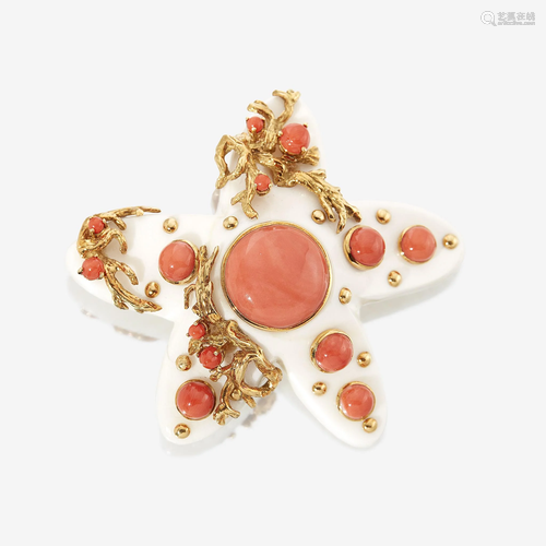 A white and red coral and eighteen karat gold brooch,