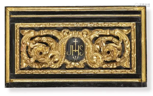 Baroque Jesuit altar frontal in carved, gilded and