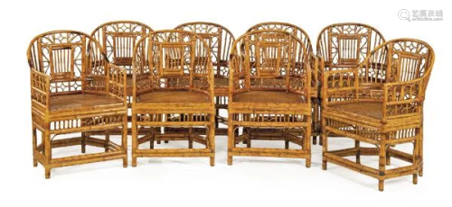 Set of eight armchairs in braided rattan with mesh