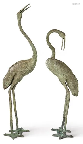 Pair of patinated bronze herons for garden S. XX.